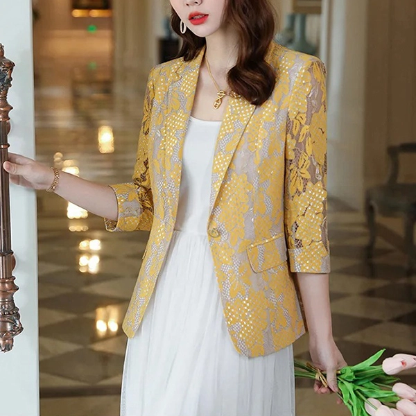 Lace Floral Print Lapel Neck Full Sleeve Outfit Matching Blazer Women Formal Wea