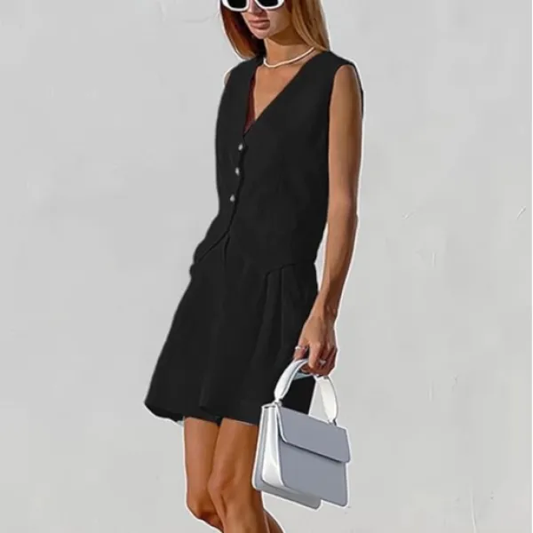 Sleeveless Round Neck Button-Up Front Blazer Vest Slant Pocket Design Cropped Tr