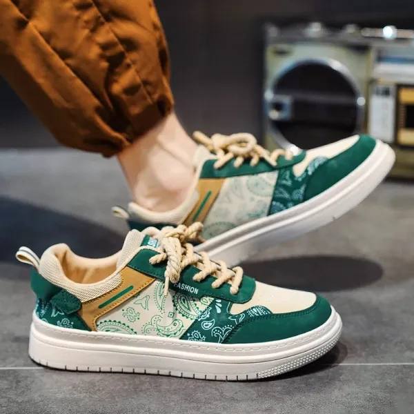 Two Tone Floral Print Men Fashion Sneakers Breathable PU Leather Lace Up Round T