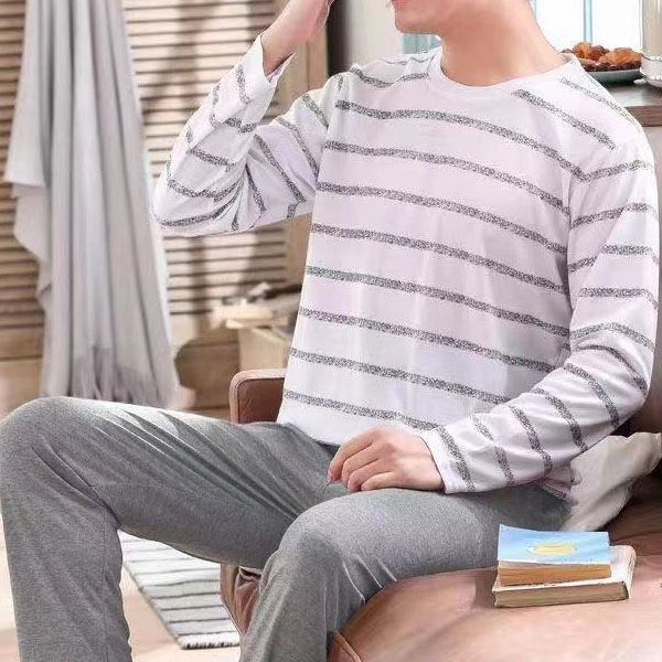 Men's White Stripes Sleepwear Set - Soft Cotton Top & Elastic Waist Pajama