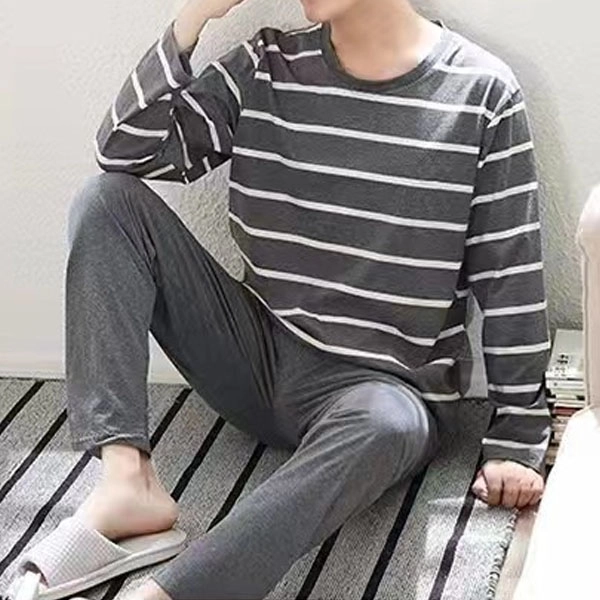 Stripes Print Men's Pajama Set | Dark Gray | Long Sleeves | Elastic Waist