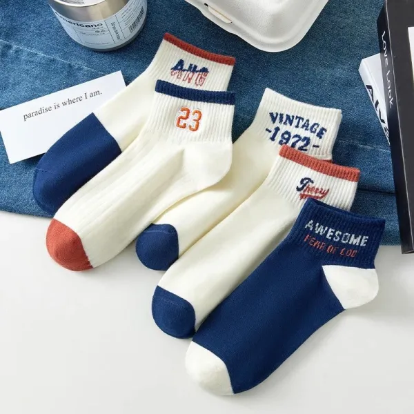 Ribbed Retro Design Low Cut Men Casual Wear Socks Soft Elastic Fabric 5 Pairs So