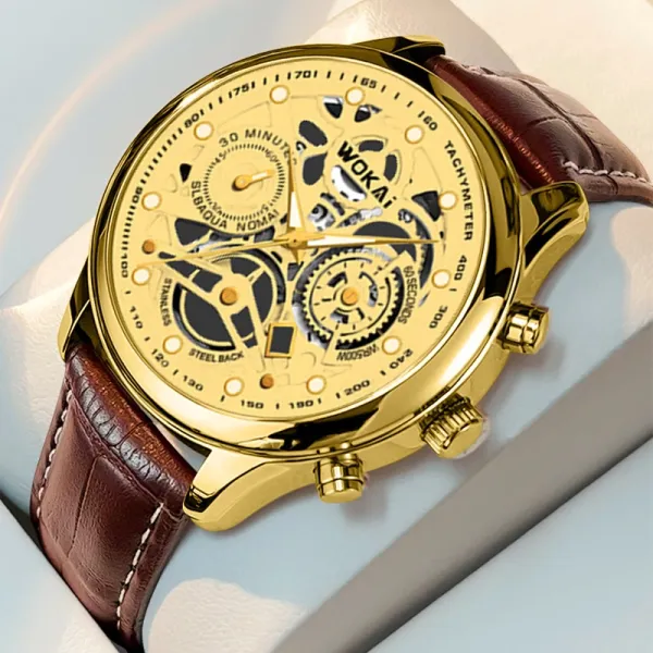 Golden Style Sports Quartz Men Watch, Hollow Quartz Watch With Casual Faux Leath