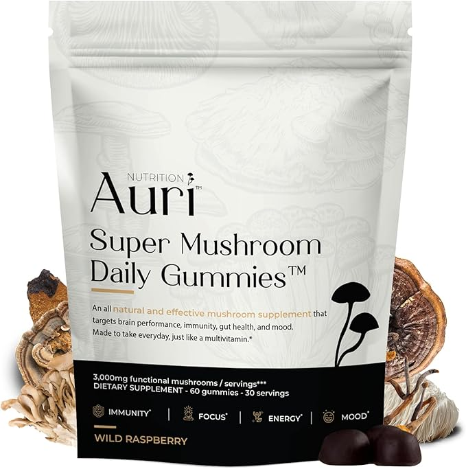 Auri Super Mushroom Gummies - All-in-One Daily Supplement Gummy - 12 Mushroom Bl