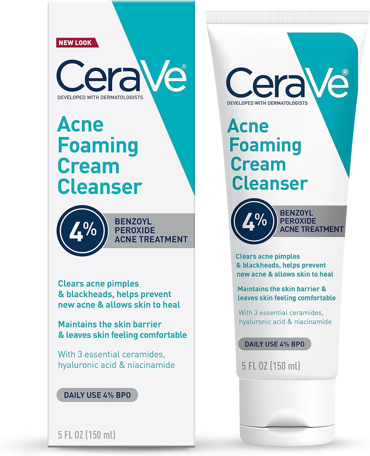 CeraVe Acne Foaming Cream Cleanser Effective 4% Benzoyl Peroxide Treatment, Hyal