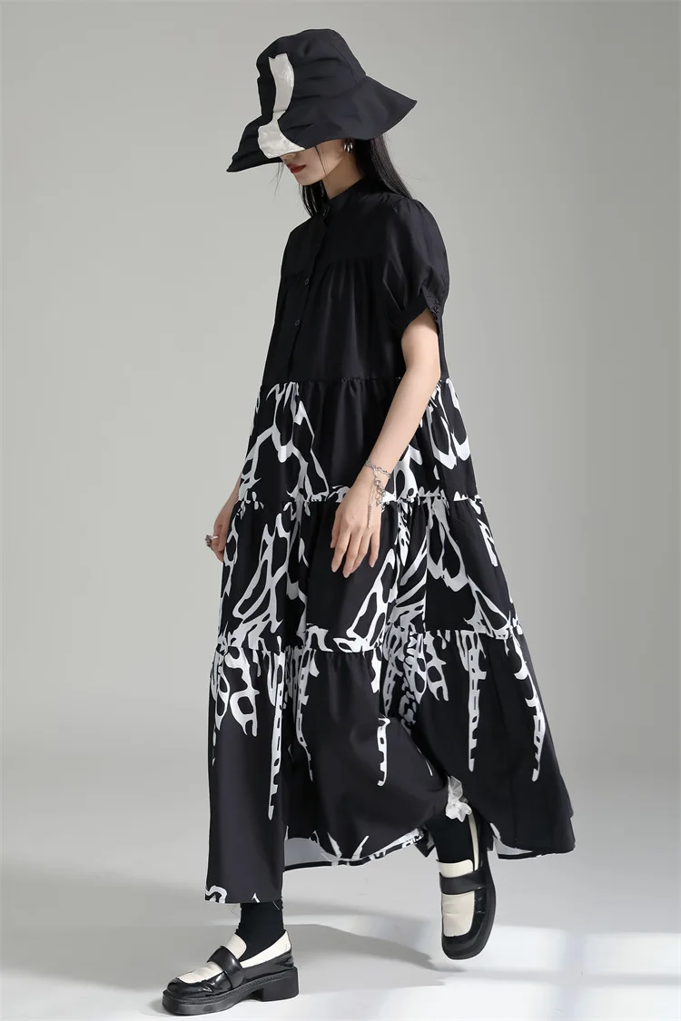 Tannt Women Dress Short Sleeves Printing Shirts Dresses Black White Vintage Long
