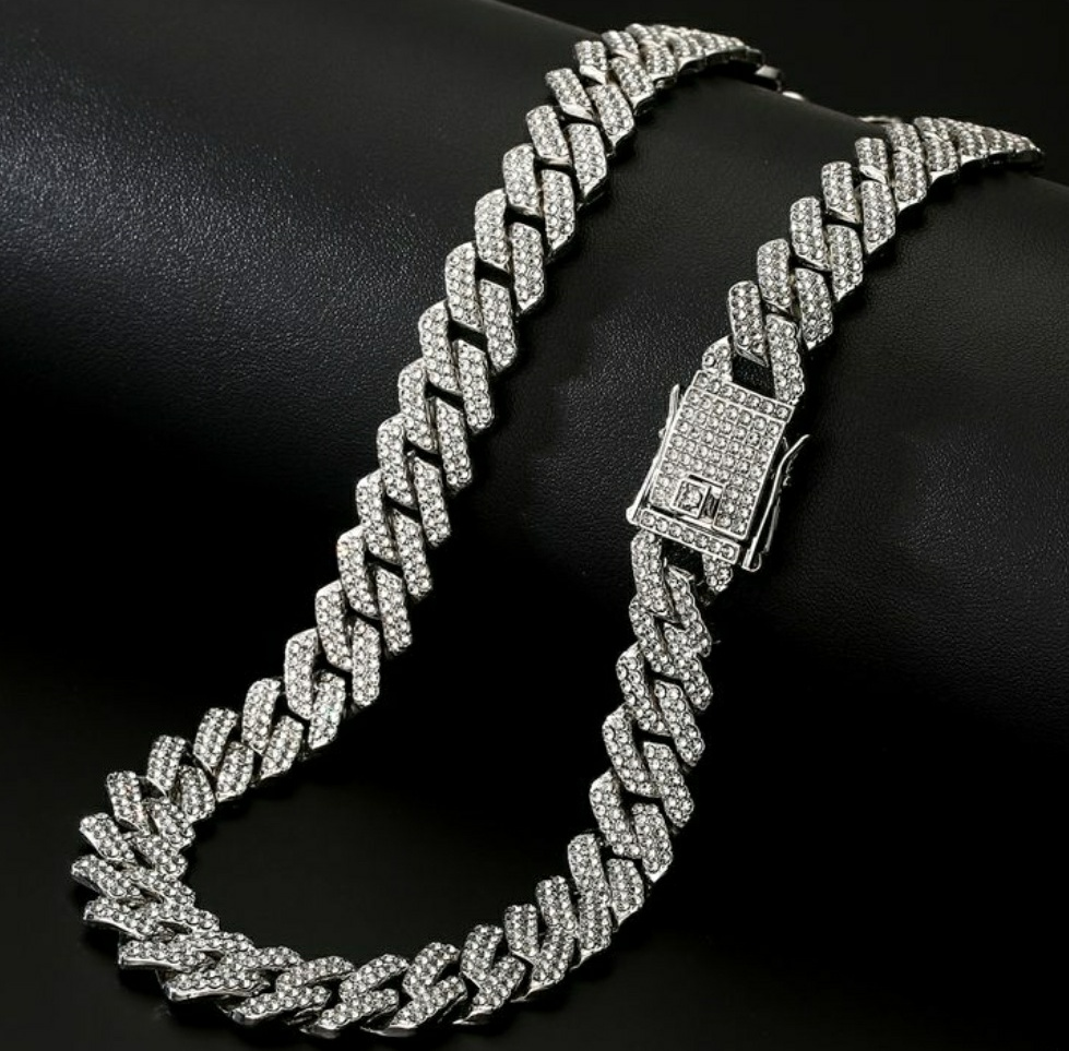 Men Hip Hop Rhombus Cuban Chain Iced Out Bling Necklace 14mm Width Chains Hiphop