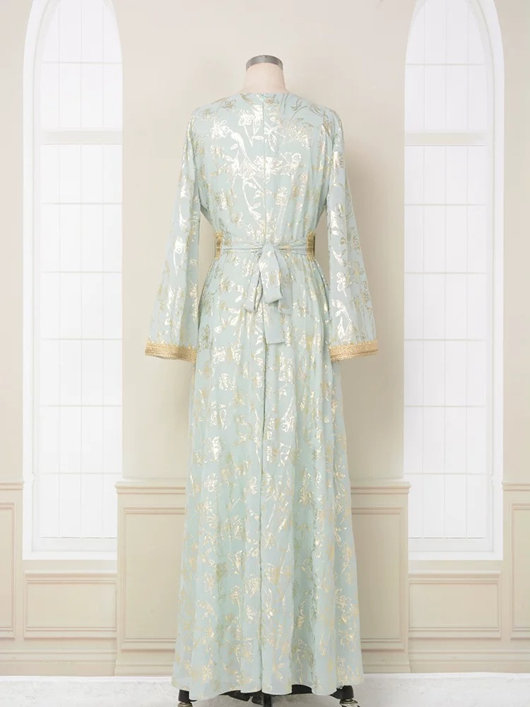 Moroccan Kaftan Foil Print Arabic Dress with belt for Women evening party Muslim