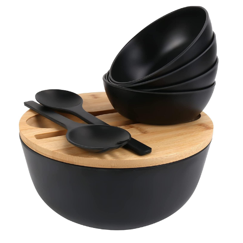 Fitmos Salad Bowls, Large Salad Bowl with Lid and Servers, Bamboo Salad Bowl Set