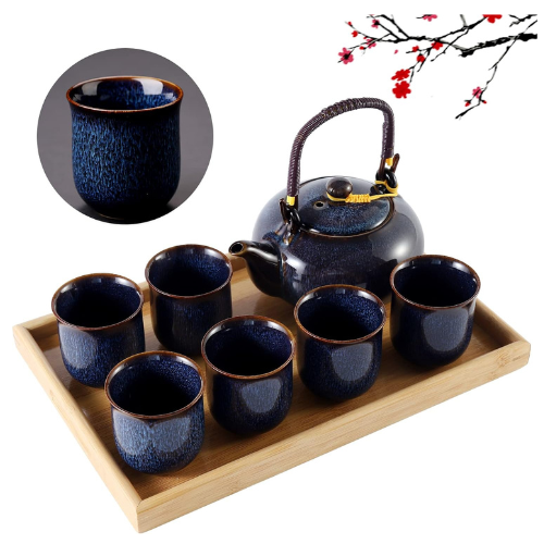 DUJUST Japanese Tea Set for 6, Kiln Altered Glaze Porcelain Tea Set with 1 Teapo