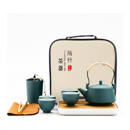 fanquare Japanese Green Kungfu Tea Set, Chinese Portable Tea Set with Tray, Porc
