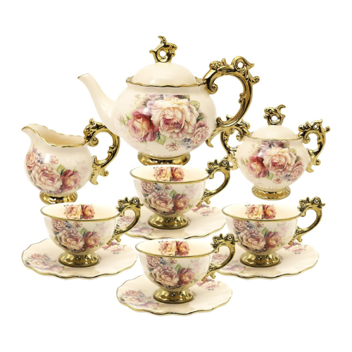 fanquare 15 Pieces British Porcelain Tea Set, Floral Vintage China Coffee Set, W