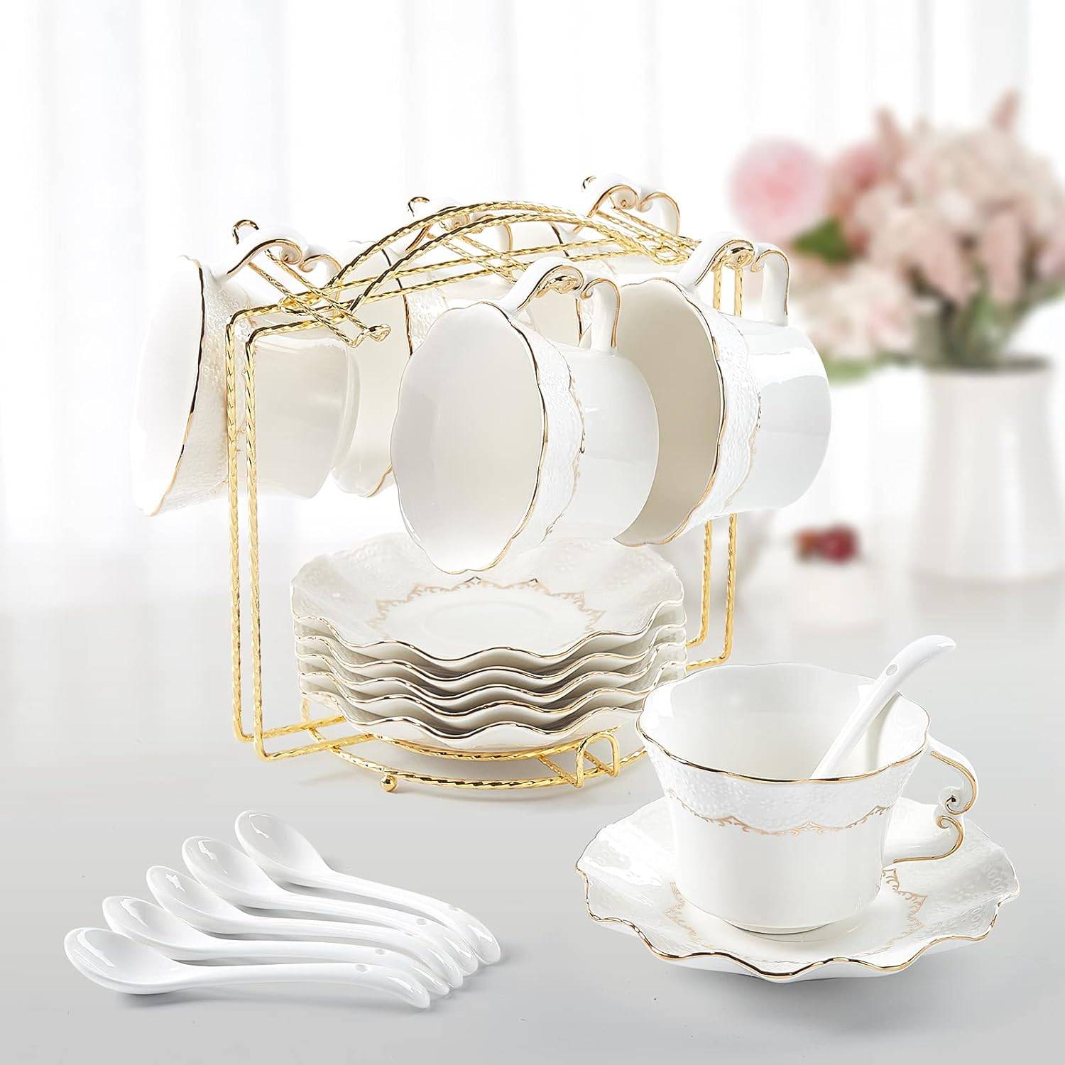 DUJUST Tea Cups and Saucers with Golden Trim,Set of 6 (8.5 OZ), Luxury Relief Pr