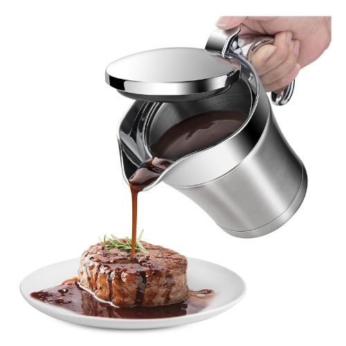 Dolaso Stainless Steel Gravy Boat, 450ml Sauce Jug with Hinged Lid and Handle, D