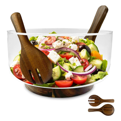 AZ-Homey Large Glass Salad Bowl Set with Acacia Wood Base and Serving Set Utensi