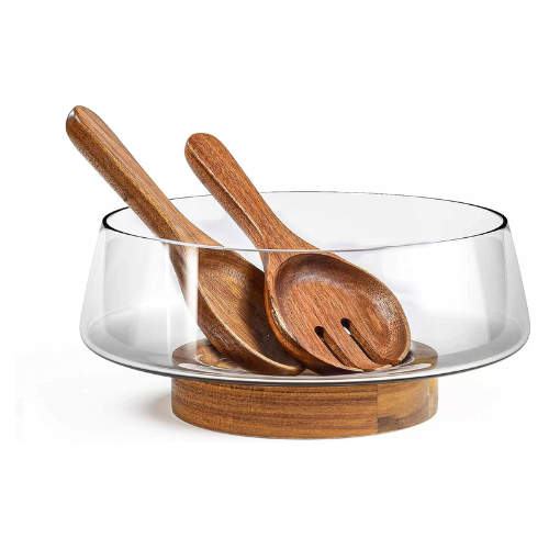 KITEISCAT Extra Large Glass Salad Bowl Set - Salad Bowls for Party with Acacia W