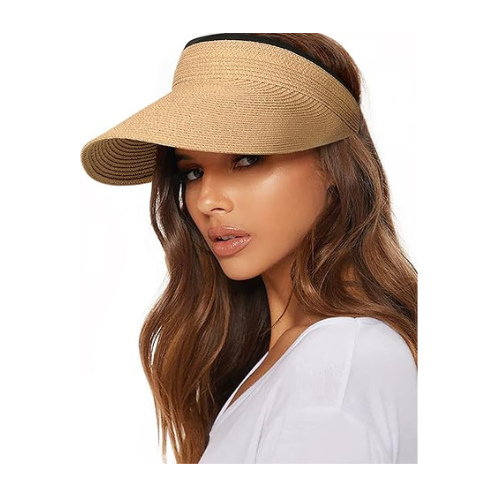 FURTALK Women's Sun Visor Hat Straw Sun Visors for Women, Khaki, One size