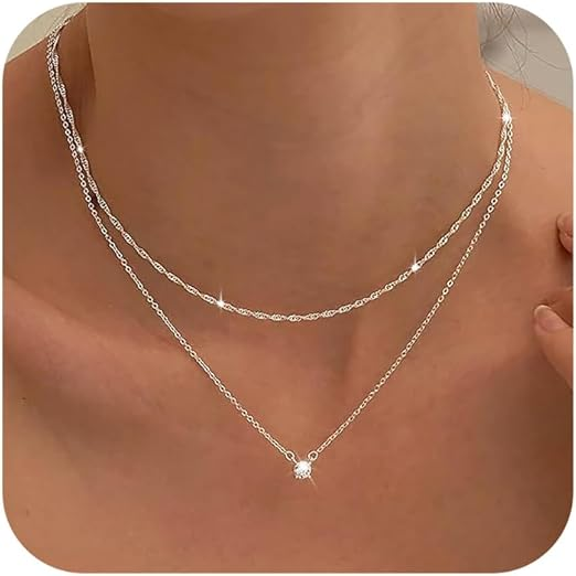 Tewiky Diamond Necklaces for Women, Dainty Gold Necklace 14k Gold Plated Long La