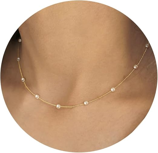 Gold Pearl Necklace for Women, 14K Gold Plated Layered Freshwater Pearl Necklace