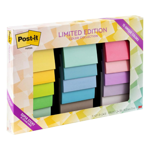 Post-it Notes Limited Edition Super Sticky Color Collection, 3x3 in, 15 Pads/Pac