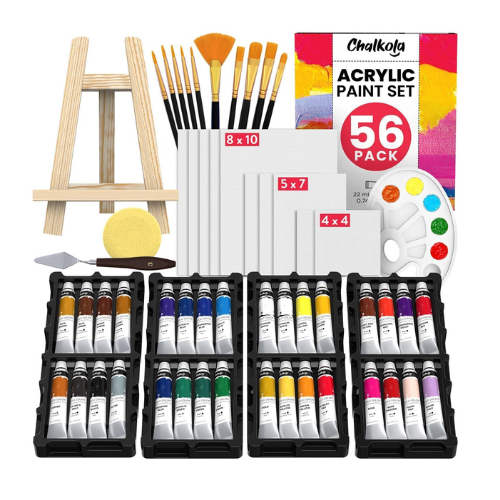 Chalkola Acrylic Paint Set for Adults & Kids - 56 Pcs Canvas Painting Kit with 3
