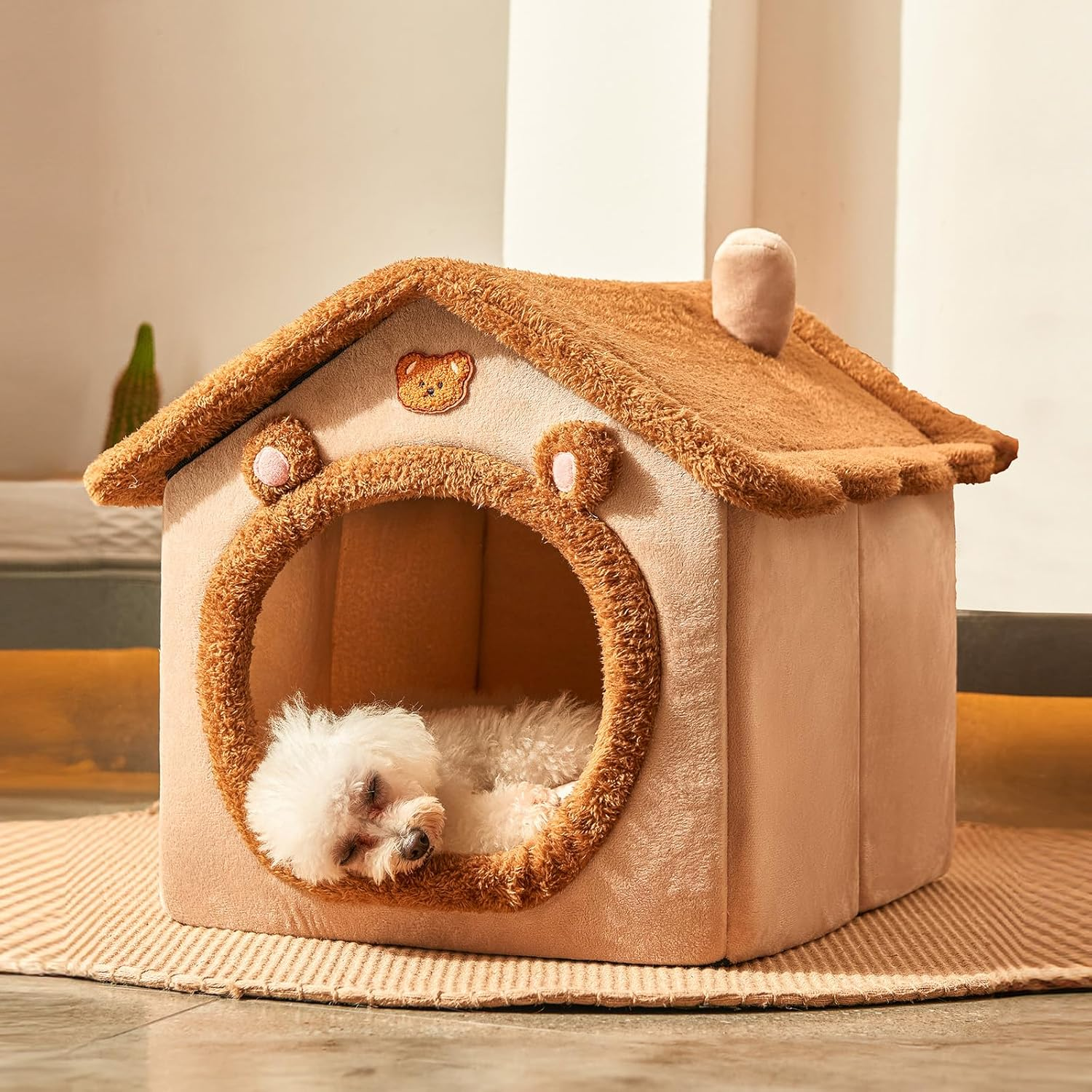 JIUPETY Cute Small Dog House Indoor, Foldable House Kennel Bed Mat with Cushion,