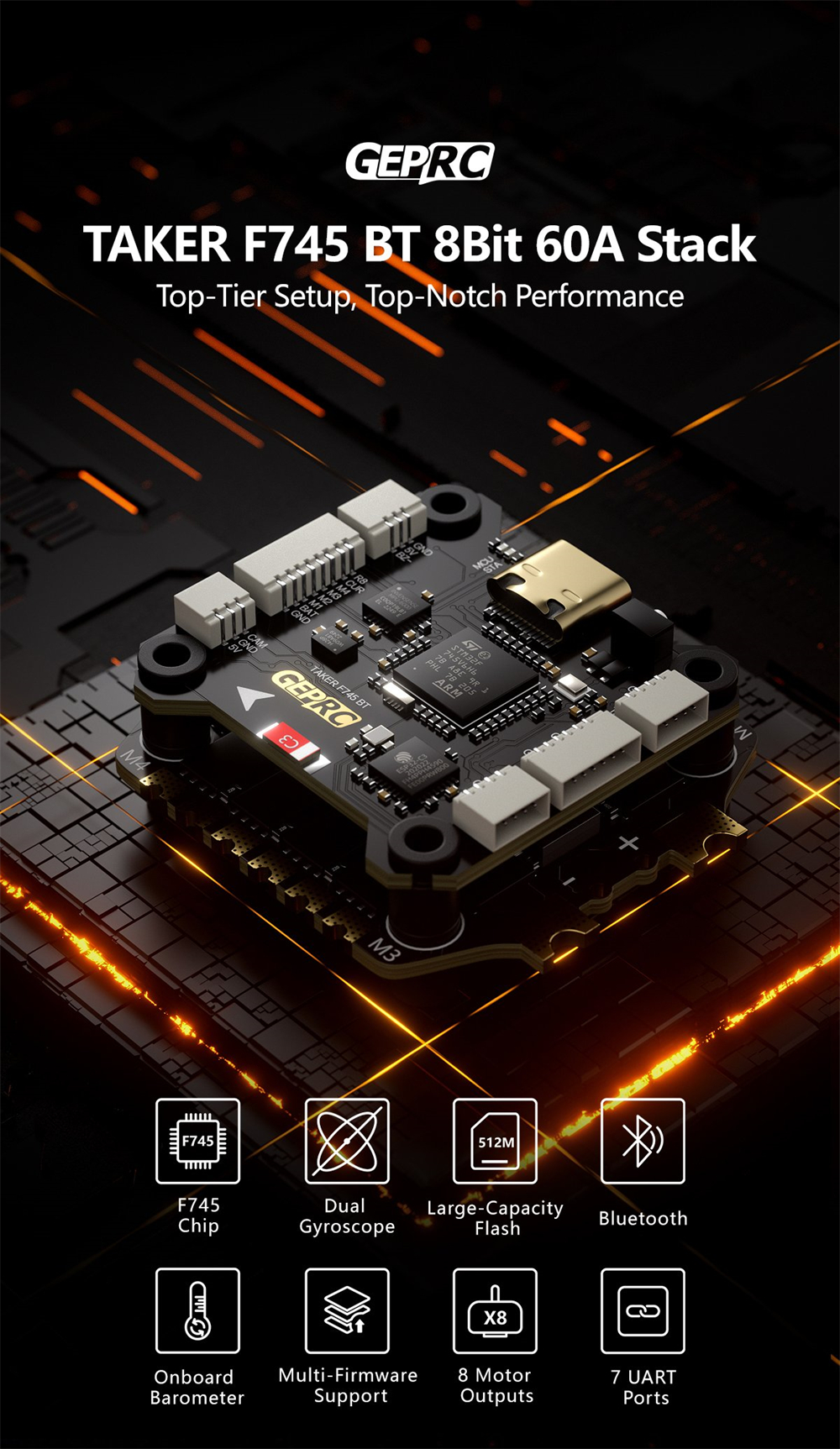 30.5×30.5mm GEPRC TAKER F745 BT Flight Controller with H60_BLS 60A 4IN1 ESC 5V 1 banner 2
