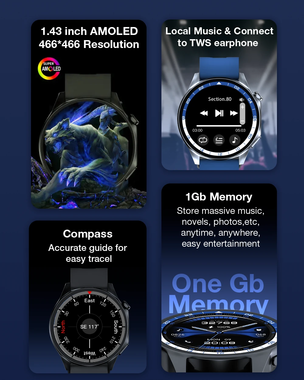BlitzWolf® BW-AR1 1.43 inch 1Gb Memory AMOLED 466*466 pixel Local Music Health M banner 2