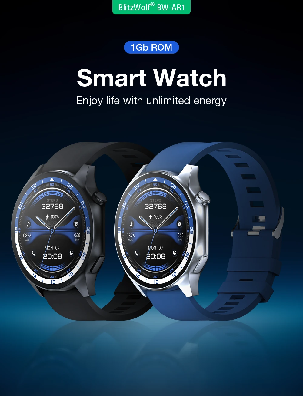BlitzWolf® BW-AR1 1.43 inch 1Gb Memory AMOLED 466*466 pixel Local Music Health M banner 1