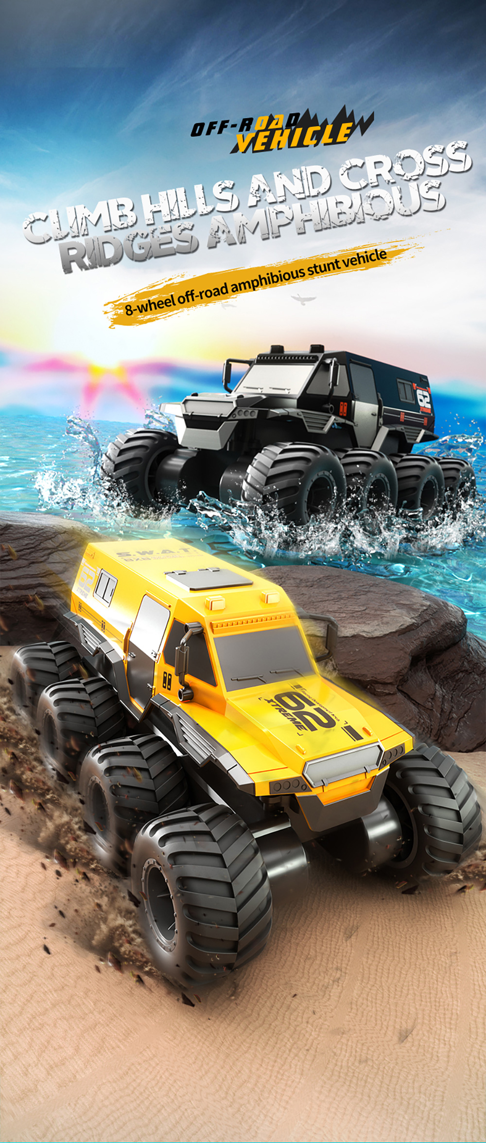 JJRC Q137 8WD 2.4G RC Car Amphibious Remote Control Climbing Off Road Truck - Ye banner 1