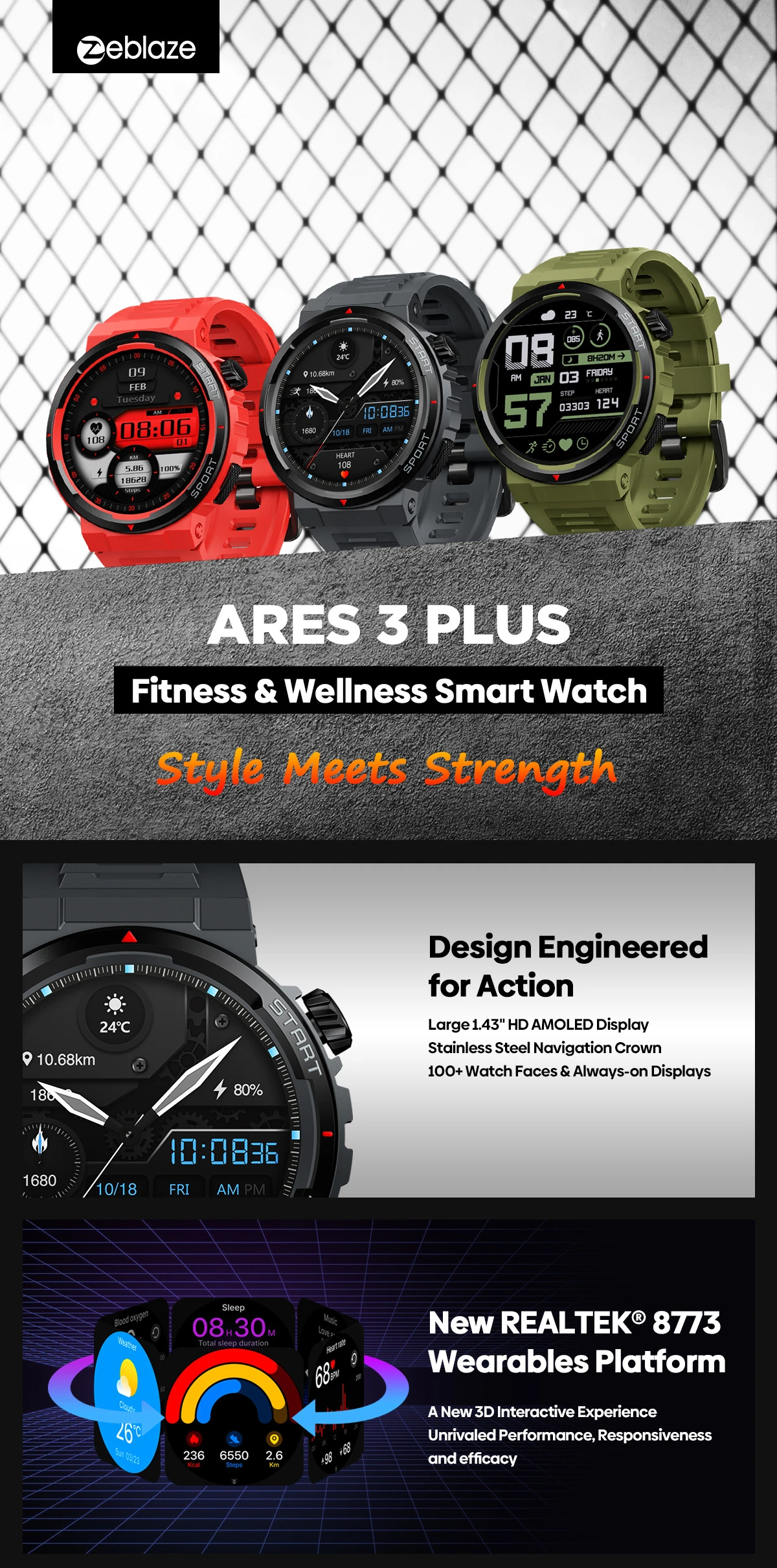 Zeblaze Ares 3 Plus Smart Watch - 1.43" AMOLED, Stainless Steel, IP68 banner 2