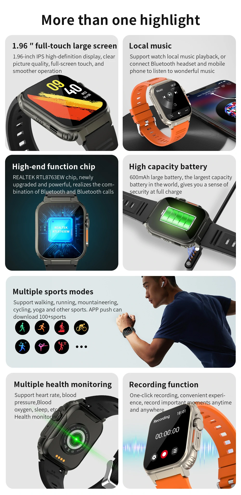 A70 1.96 inch HD Screen Heart Rate Blood Pressure SpO2 Monitor BT5.0 600mAh TWS banner 2