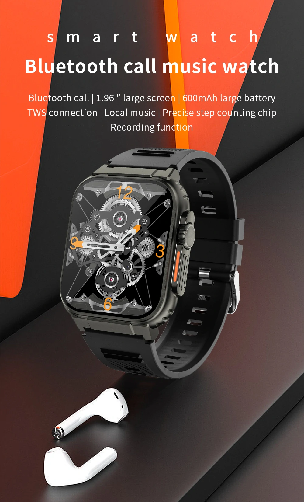 A70 1.96 inch HD Screen Heart Rate Blood Pressure SpO2 Monitor BT5.0 600mAh TWS banner 1