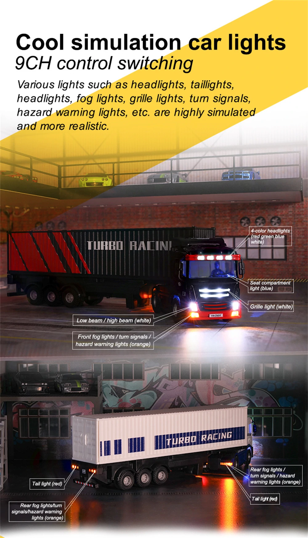 Turbo Racing C50 1/76 2.4G 4WD RC Car Semi -Truck Tractor Trailer Heads LED Ligh banner 3