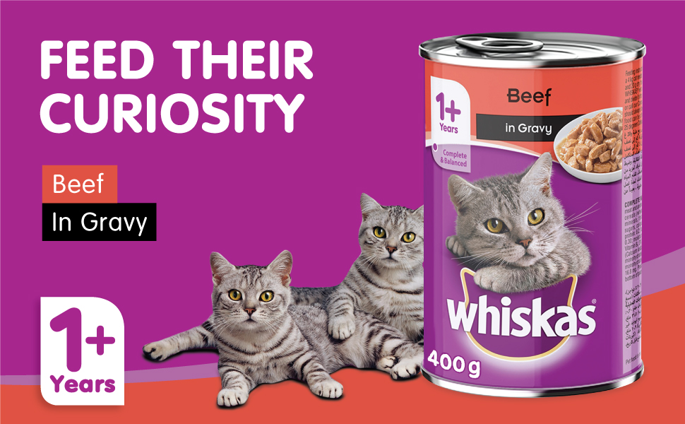 Whiskas Beef in Gravy Can, Wet Cat Food, for 1+ Years Adult Cats, Ingredients En banner 2