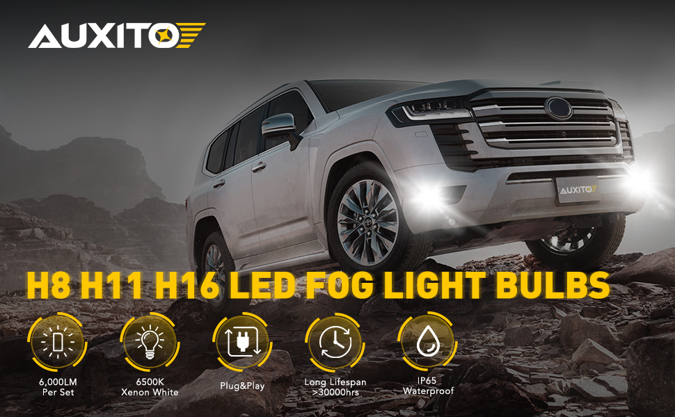 AUXITO H11/H8/H16 LED Fog Light Bulbs or DRL, 6000 Lumens 6500K -White Light (Pa banner 1