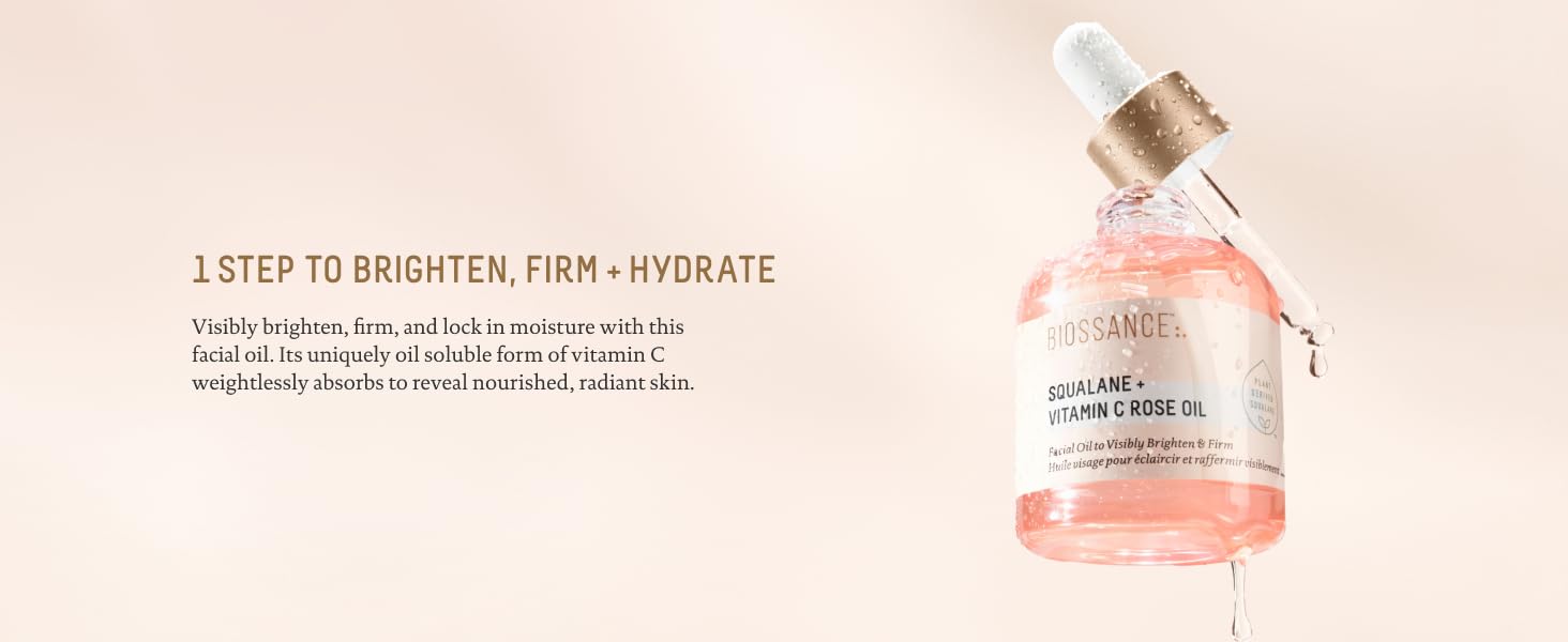 BIOSSANCE Squalane and Vitamin C Rose Oil. Facial Oil to Visibly Brighten, Hydra banner 1