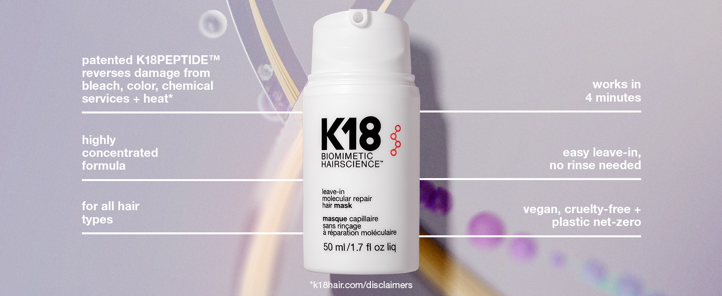 K18 Leave-In Molecular Hair Mask, Repairs Dry or Damaged Hair, Reverse Hair Dama banner 2
