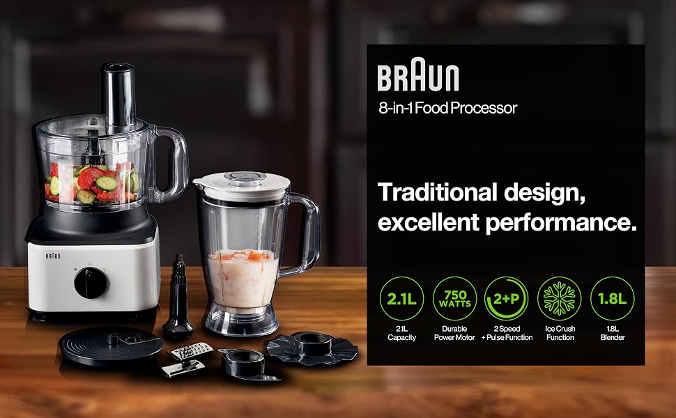 Braun Food Processor 8 in 1 System, 750 Watts, 2.1 L Bowl Capacity, 1.8 L Blende banner 1