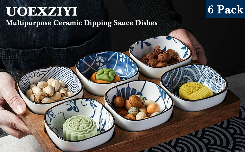 Uoexziyi Ceramic Sauce Dishes - Set of 6 Appetizer Plates, Dipping Bowls for Sus banner 1